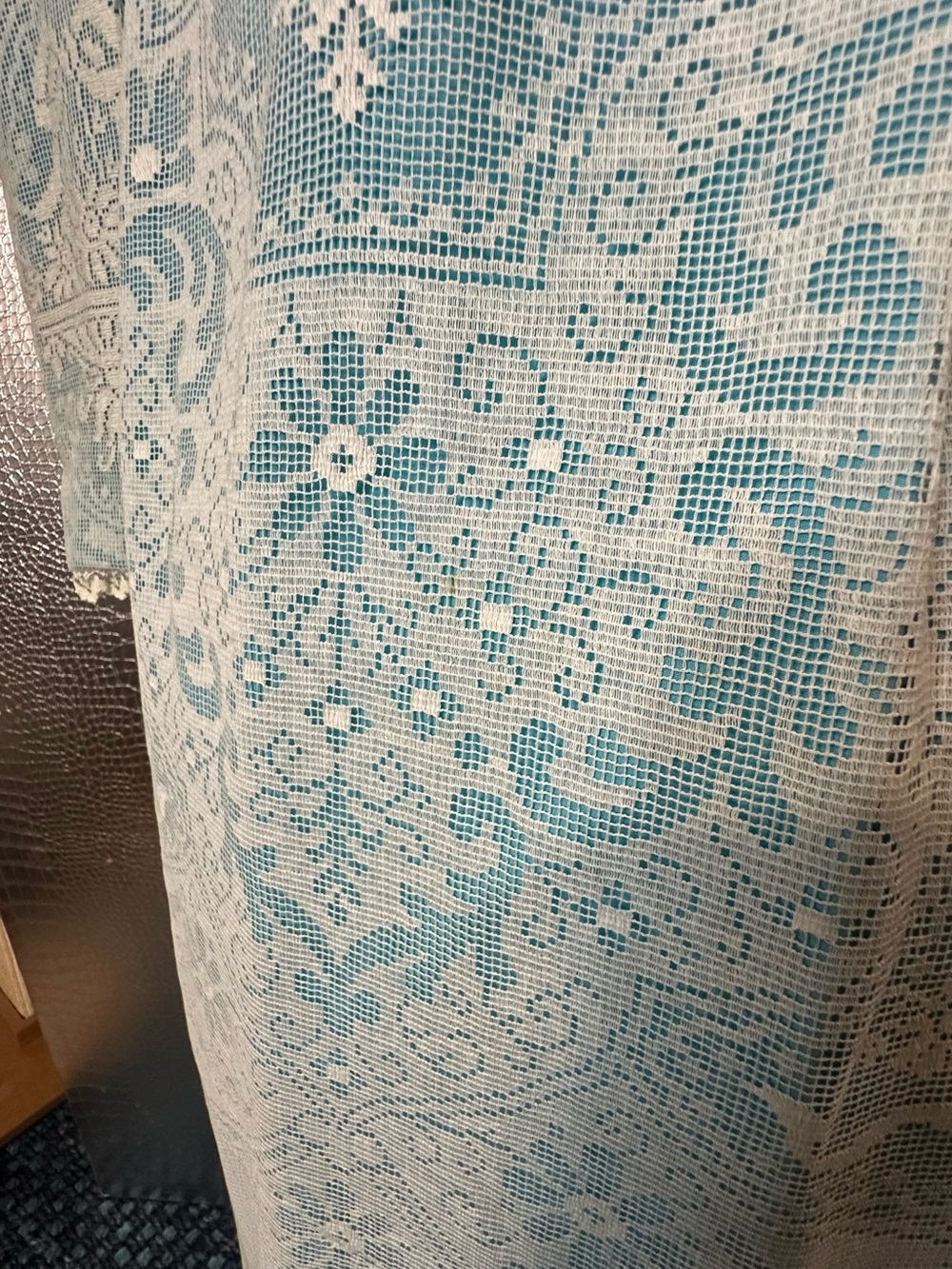 Vintage Style Tea Gown Turquoise White Lace Overlay & Faux Pearl Buttons - Picture 8 of 16
